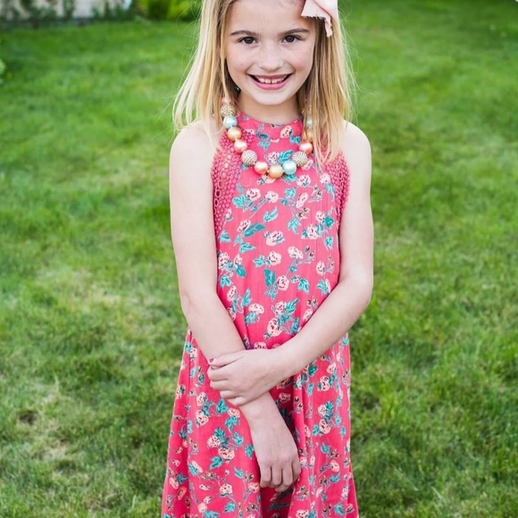 Angie Girls 11/12 Floral Sleeveless Dress Coral Pink Boho Crochet Trim - Picture 2 of 6